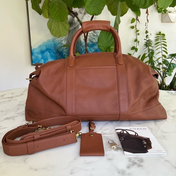 COACH Vintage Cabin Bag 502 Leather Travel Duffle w Strap British Tan Brass 90's - Picture 1 of 16